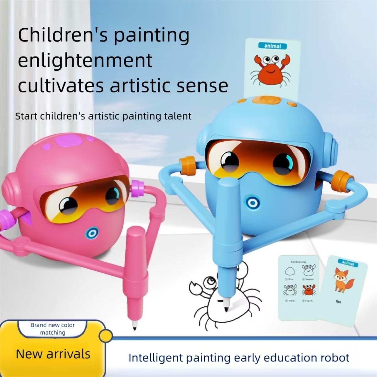 ADKD Interactive Kids Drawing Robot Toy | Early Educational Learning Assistant with 100 Flash Cards & 2 Pens, Step-by-Step Drawing, Fun Creativity Booster for Boys & Girls (Blue)