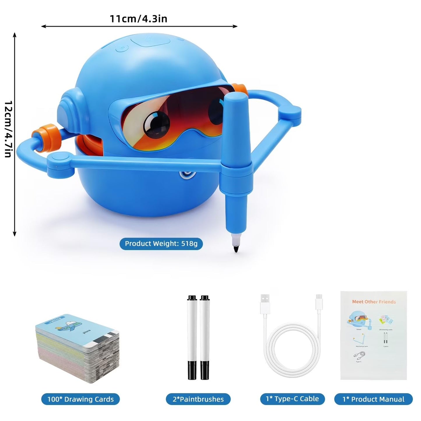 ADKD Interactive Kids Drawing Robot Toy | Early Educational Learning Assistant with 100 Flash Cards & 2 Pens, Step-by-Step Drawing, Fun Creativity Booster for Boys & Girls (Blue)