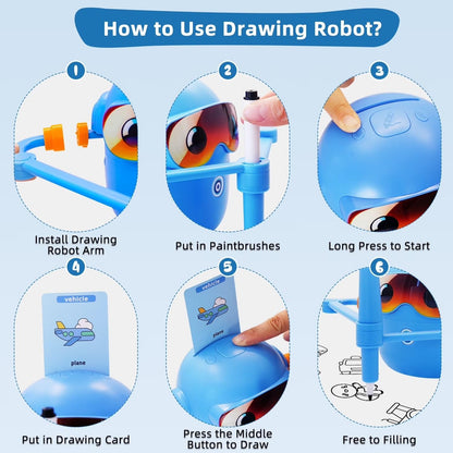 ADKD Interactive Kids Drawing Robot Toy | Early Educational Learning Assistant with 100 Flash Cards & 2 Pens, Step-by-Step Drawing, Fun Creativity Booster for Boys & Girls (Blue)