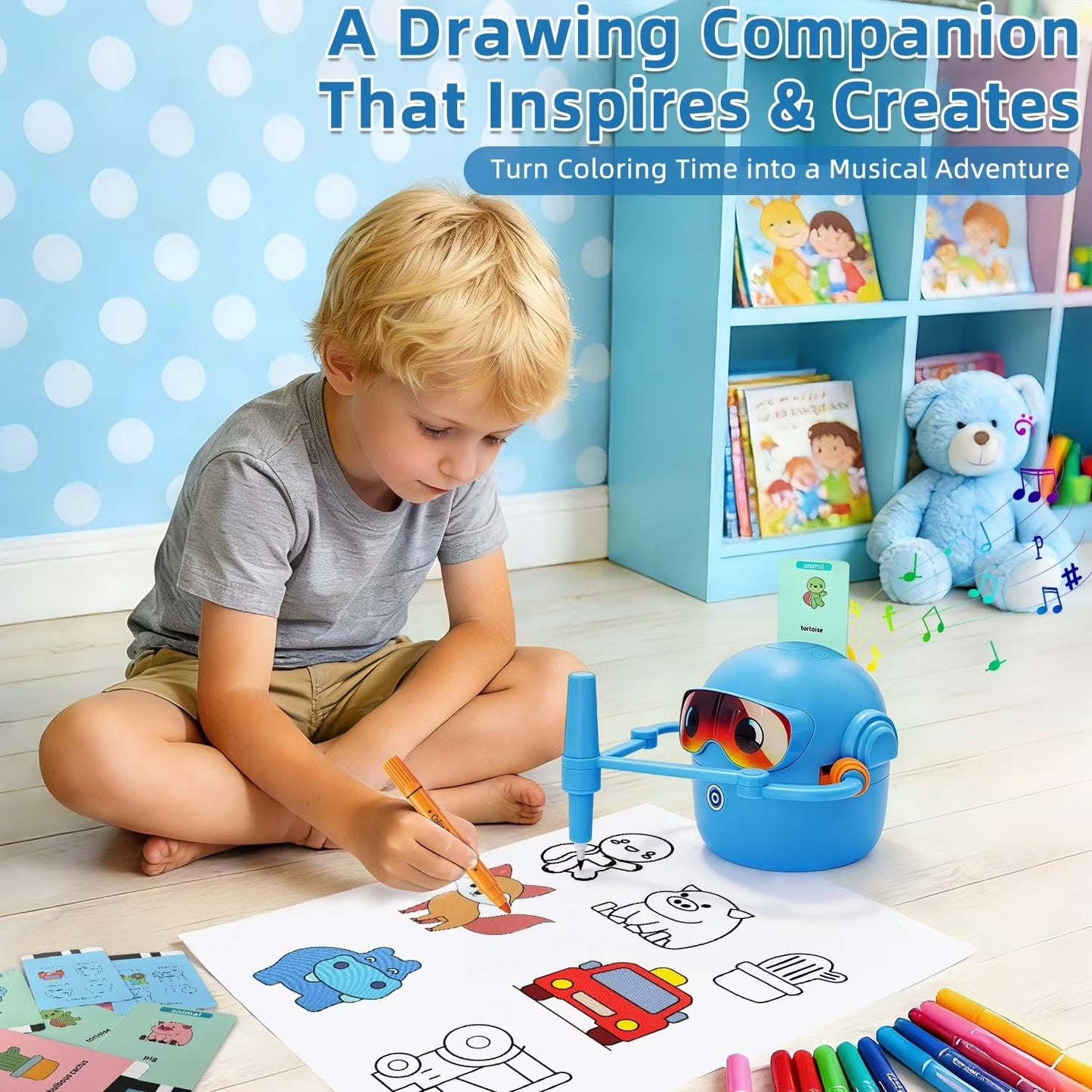 ADKD Interactive Kids Drawing Robot Toy | Early Educational Learning Assistant with 100 Flash Cards & 2 Pens, Step-by-Step Drawing, Fun Creativity Booster for Boys & Girls (Blue)